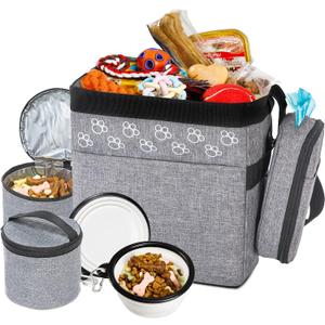 Dog Travel Bag with Treat Pouch, Airline Approved Dog Bags for Traveling, 2 Dog Food Travel Container, 2 Travel Bowls, Weekend Dog Travel Bag for Supplies, Dog Travel Kit Accessories (Small, Grey)