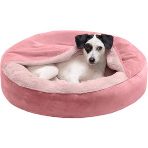 Furhaven 24" Round Calming Donut Dog Bed for Indoor Cats & Small Dogs, Washable, For Dogs Up to 20 lbs - Plush Velvet Waves Hooded Donut Bed - Rose Pink, Small (24" x 24" x 7")