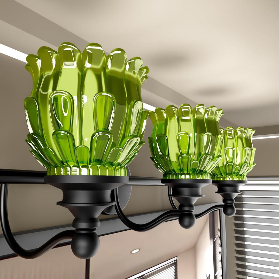 ASLONG 3-Light Bathroom Vanity Light Fixture, Black Antique Finish Mirror Front Lamp with Water-Lily Shaped Green Crystal Glass Shade, Modern Wall Mounted Lamp for Mirror Kitchen Living Room Hallway