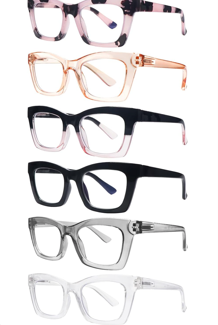 SIGVAN 6 Pack Oprah Style Reading Glasses Blue Light Blocking Square Computer Spring Hinge Readers for Women, + 2.0
