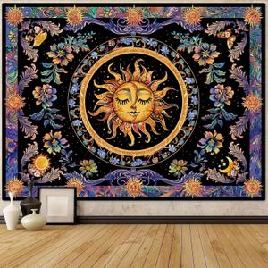 Accnicc Sun and Moon Tapestry Psychedelic Floral Plant Tapestries for Bedroom Aesthetic Hippie Boho Flower Tapestry Wall Hanging for Dorm Living Room (60'' 44'')