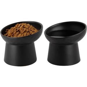 Ceramic Raised Cat Bowls, Elevated Tilted Cat Food and Water Bowls Set, Porcelain Stress Free Pet Feeder Dish for Cats and Small Dogs, Dishwasher and Microwave Safe, Set of 2(Black)