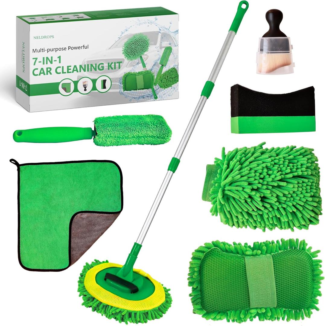 7-in-1 Car Detailing Kit - Powerful Multi-Purpose Complete Auto Cleaning Set with Telescopic Mop, Microfiber Mitt, Towel, Wheel & Interior Brushes