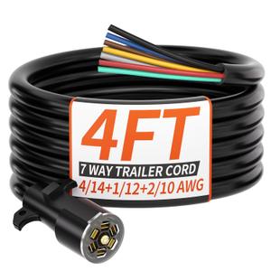 PlugSaf 4FT 7 Way Trailer Plug Heavy Duty 4 FT 4/ 14+1/ 12+2/ 10 AWG 7 Pin Trailer Wiring Harness Cord for Trailers, Campers, Food Trucks, Dining Trucks, Caravans, RVs and Other Towing Vehicles