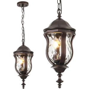 Large Outdoor Pendant Light Fixtures, 19.1'' Exterior Hanging Lantern Porch Light Adjustable, Brown Hanging Lamp Farmhouse Exterior Chandelier Ceiling Mount for Entrance Patio