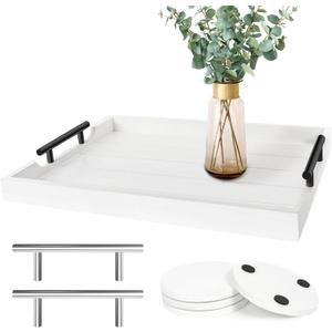 Coffee Table Tray - Large Ottoman Tray for Living Room - Wood Serving Tray with 2 Sets of Handles - Wooden Tray for Coffee Table, 4 Round Coasters Included, White