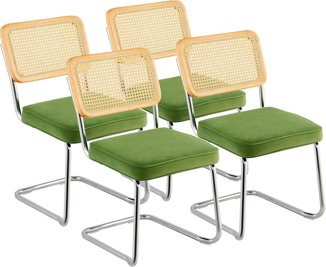 VEVOR Rattan Dining Chairs Set of 4, Mid Century Modern Dining Chair, Upholstered Velvet Accent Chair with Rattan Back, Retro Dining Room Kitchen Chair for Living Room, Bedroom (18.1 Inch) (Green)