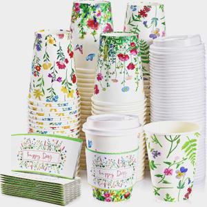 Remerry 48 Pcs 12oz Floral Disposable Coffee Cups with Lids and Sleeves Paper Insulated Drink Hot Coffee Paper Cups with Dome Lids and Sleeves for Party Wedding Birthday Baby Shower (Stylish)