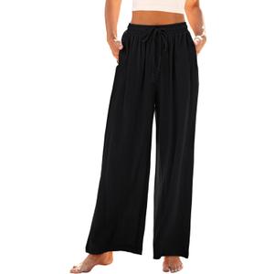 GRAPENT Wide Leg Pants Woman Linen High Waisted Pull On Flowy Casual Baggy Drawstring Palazzo Trousers Pants Resort Wear (Black, XS)
