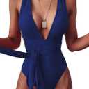 Lilosy Sexy Tie Criss Cross Plunge One Piece Thong Swimsuit High Cut Brazilian Bathing Suit (Medium, Navy Blue)