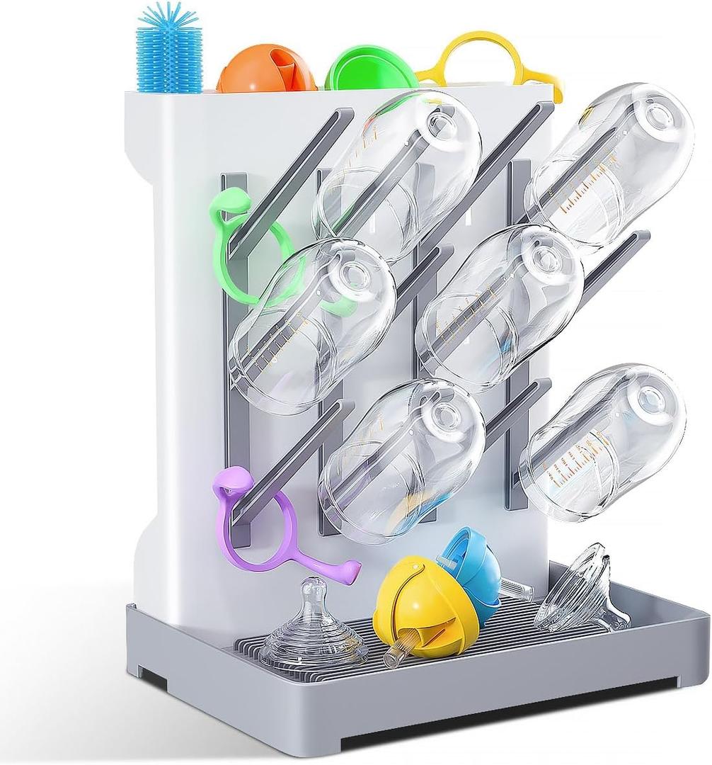 Baby Bottle Drying Rack: Vertical Space Saving Large Bottles Holder - Standing Boon Dryer Rack Baby Accessory - Countertop Holds Up to 12 Bottles & Pump Part Cleaning & Cup (Blue) (Gray)