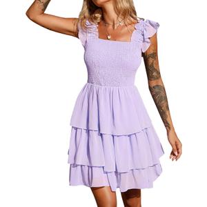 Byinns Womens Square Neck Sleeveless Ruffle Dress High Waist Backless Tiered Smocked Strappy Casual Short Mini Dresses, Medium, Purple 