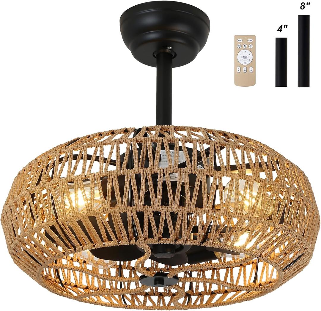 20'' Boho Rattan Caged Ceiling Fan with Light and Remote, Farmhouse Flush Mount Boho Ceiling Fan Light Low Profile Bladeless Ceiling Fan Timing 6 Speeds Reversible