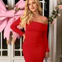 GOKATOSAU Women's Sexy Elegant Ruffle Long Sleeve Off Shoulder Ruched Party Mini Dress (Red, M)