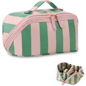 DYSHAYEN Stripe Travel Makeup Bag with Compartments Clear Coated Cosmetic Bag for Women, Waterproof Portable Open Flat Toiletry bag Pink-Green