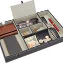 Juvale Nightstand Organizer Tray - 14 x 10 x 1.5 in, Black Faux Leather - Valet Tray for Men with 6 Compartments for Watch, Jewelry & Keys