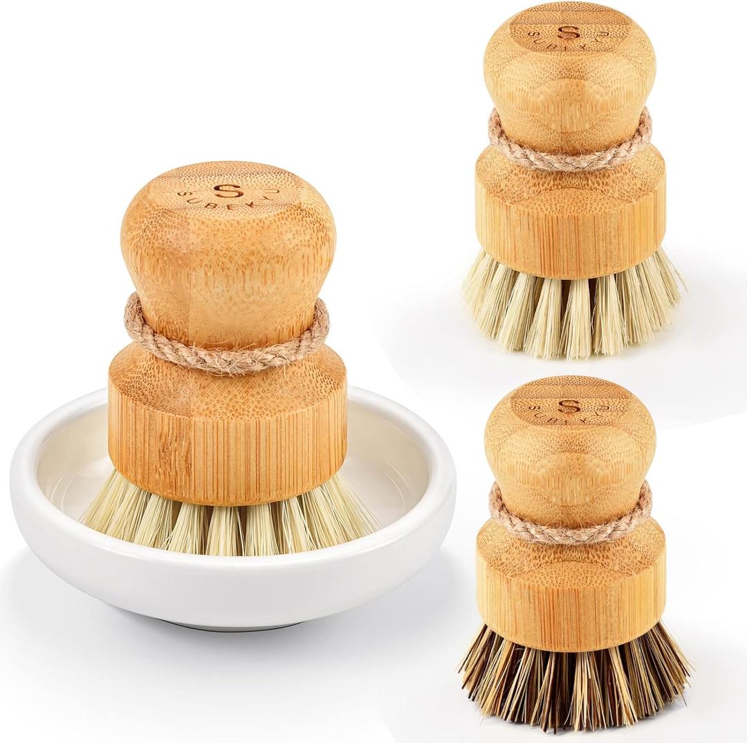 SUBEKYU Bamboo Dish Scrub Brushes, Kitchen Wooden Cleaning Scrubbers Set for Washing Cast Iron Pans/Pots, Set of 3 (Ceramic Dish+ 1p Palm+ 2p Sisal)