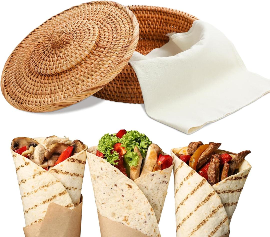 Wenqik 10 Inches Tortilla Warmer 2 Cotton Towel Cloth Handcrafted Rattan Tortilla Holder with Lid Rustic Mexican Basket for Pancake Taco Bread(Classic Style)