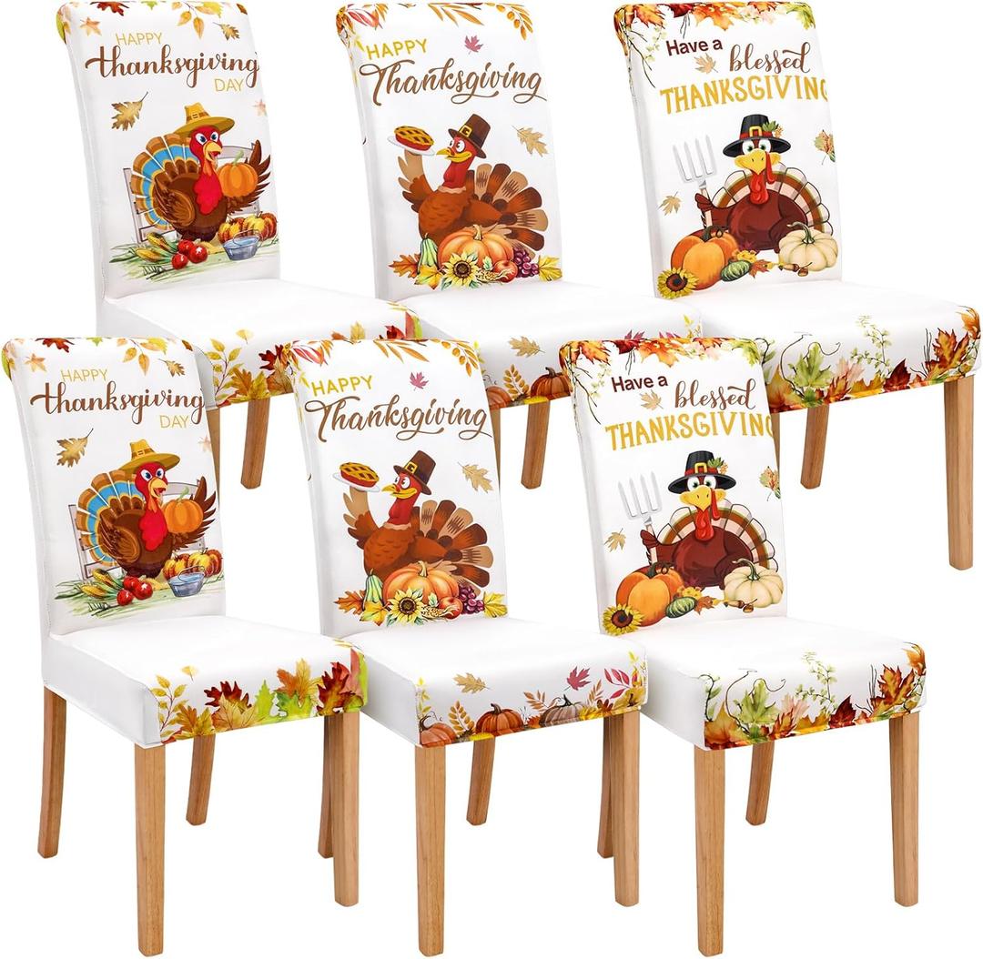 6 Pcs Thanksgiving Maple Chair Covers Fall Vintage Dining Chair Slipcovers Thanksgiving Seat Covers Autumn Pumpkin Turkey Stretch Removable Washable Dining Protector for Party Kitchen Farmhouse