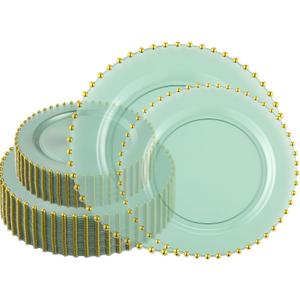 PLASTICPRO 128 Piece Combo Plastic Dinner Plates Disposable Plastic Fancy Heavy Duty Party Dishes 7 inch and 10 inch, Translucent Green and Gold Beaded