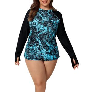 Halcurt Women's Plus Size Long Sleeve Rash Guard Swim Shirt with Thumb Holes UPF50+ Sun Protection Swimsuit Top Black Turquoise 3X