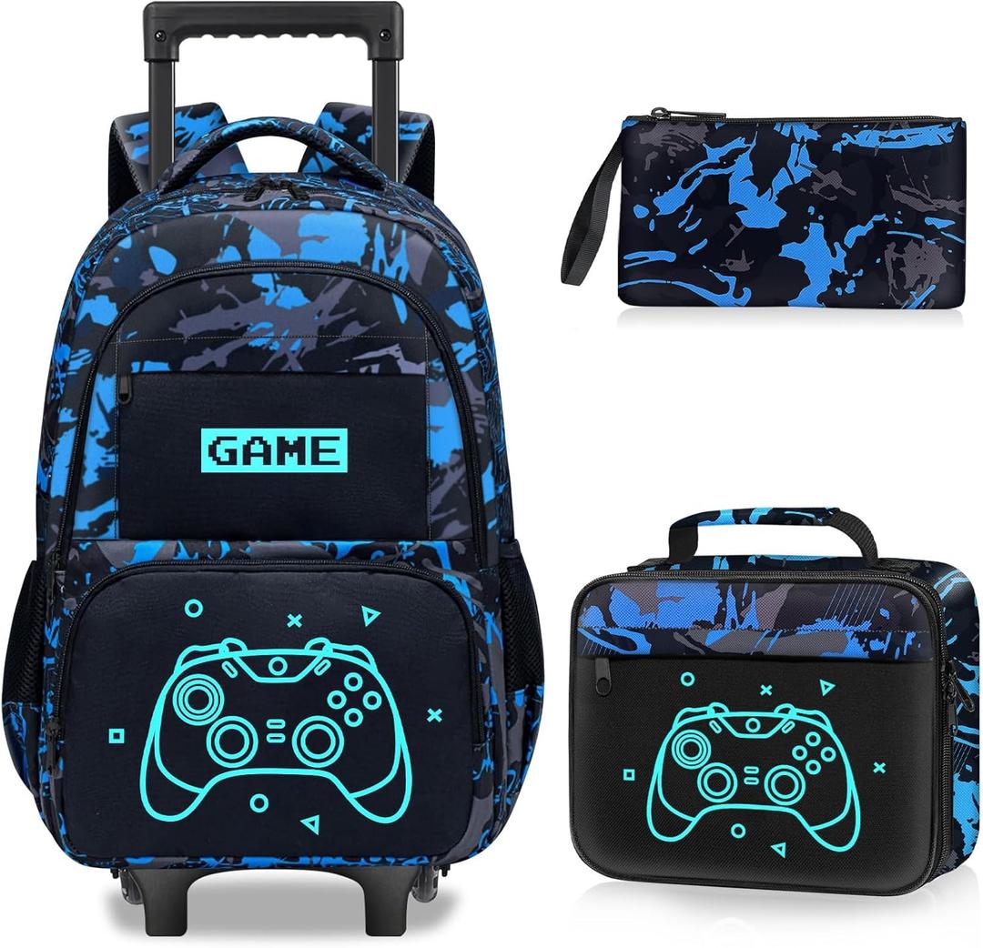 Gamer Rolling Backpack for Boys - 3PCS Boys Rolling Backpack with Lunch Box Set for Kids Children Teens Elementary Middle School,Glow in The Dark Roller Bookbag with Wheels for Age 6-18