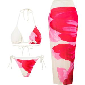 WDIRARA Women's Bikini Sets Floral Print Triangle Halter Tie Back Swimsuit with Cover Up Skirt (Large, Multicolor Wp)