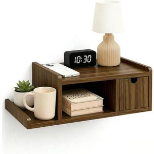 Floating Nightstand Wall Mounted, Walnut Bedside Table with Drawer, Open Cubby & Reversible Side Shelf, Space-Saving Floating End Table for Bedroom/Living Room (Walnut)