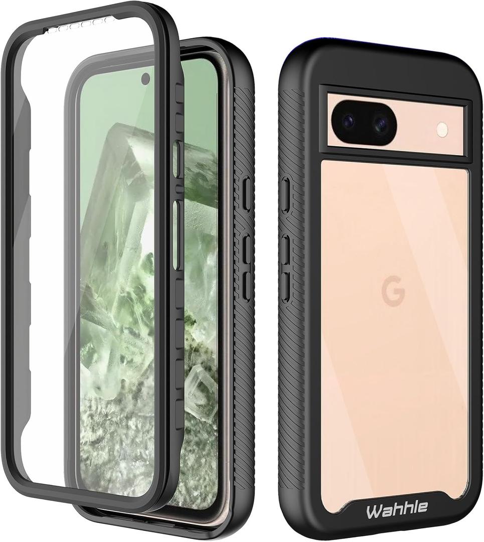 wahhle Compatible with Google Pixel 8A Case, Built in Screen Protector Full Body Shockproof Slim Fit Bumper Protective Phone Cover for Pixel 8A Men Women-Black/Clear
