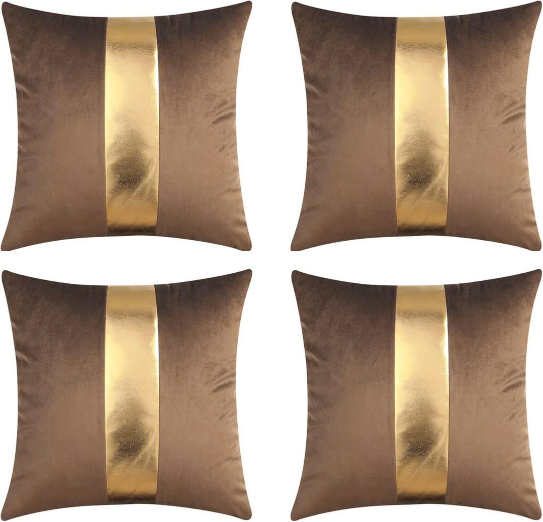 Gyulin Pack of 4,18x18 Inch Velvet Throw Pillow Covers with Gold Leather Striped Patchwork Stitching Luxury Modern Minimalist Square Pillowcase Cushion Covers for Bedroom Sofa Couch Living Room,Brown