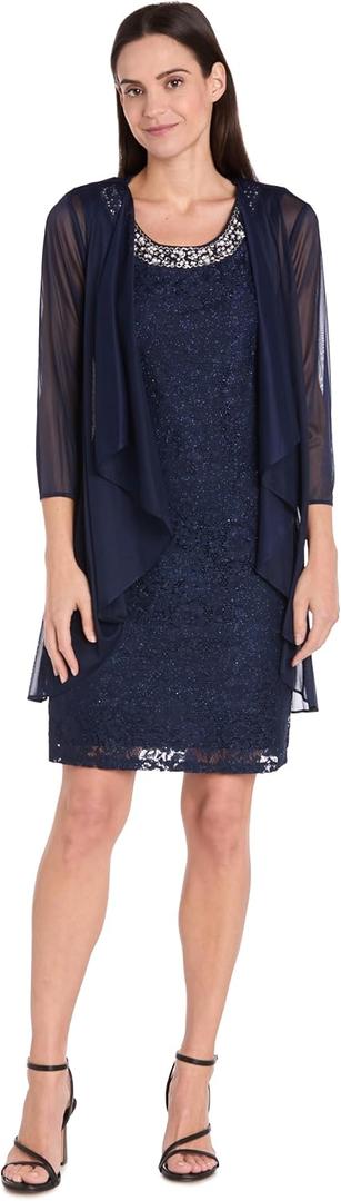 R&M Richards Women's Glitter Lace Sheath Dress W/Embellished Jewel Neck & Chiffon Draped Jacket Set for Special Occasions (Blue, 14)