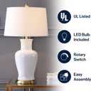 JONATHAN Y 29" White/Gold Traditional Ceramic Urn LED Table Lamp for Bedroom Decor, White Linen Drum Shade, Classic Nightstand Lamp for Living Room, LED Bulb Included JYL4026A