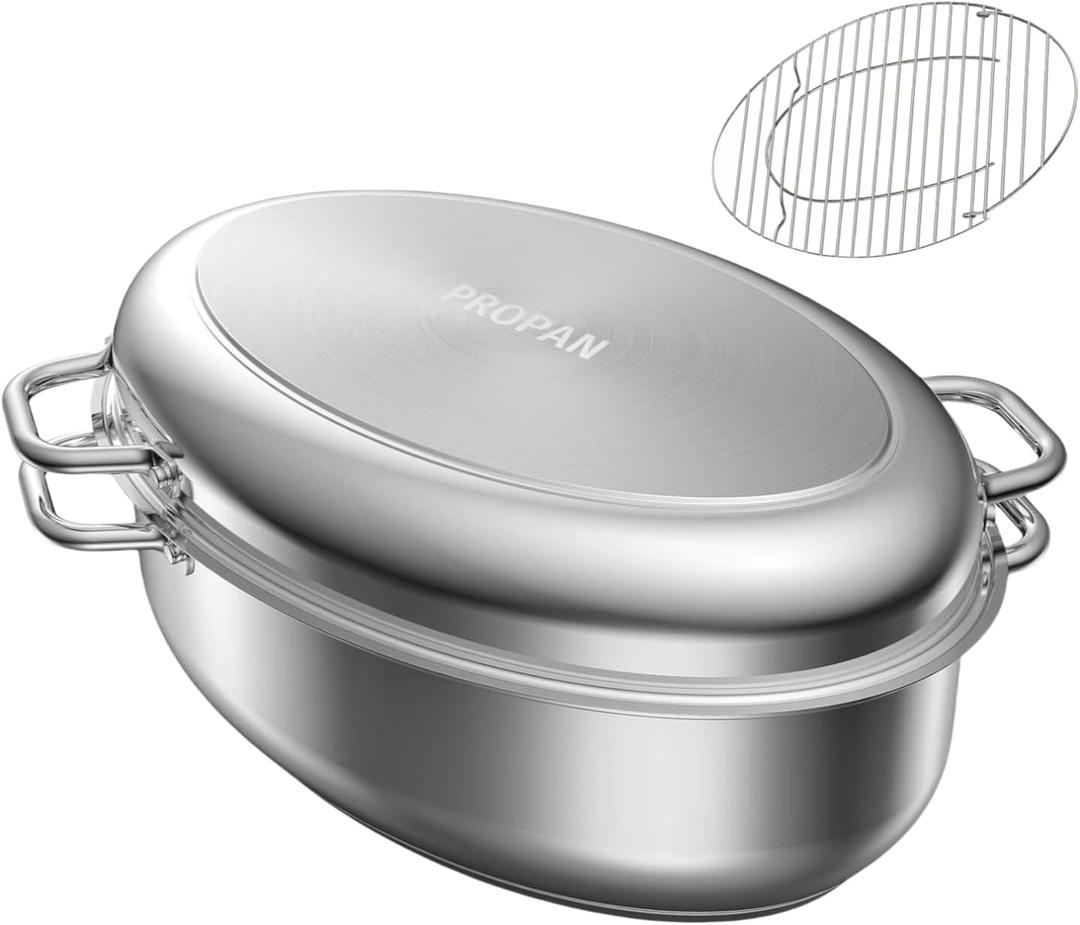 PROPAN Roasting Pan with Rack and Lid 12 Quart,18/10 Stainless Steel Multi-Use Oval Dutch Oven, Induction Compatible Dishwasher/Oven Safe Turkey Roaster,17 Inch