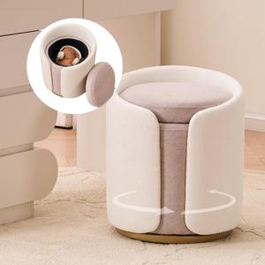 Vanity Chair with Storage, Round Boucle Vanity Stool No Wheels, Swivel Ottoman Chair with Upholstered for Women, Makeup Chairs Accent Stool with Back for Living Room, Gold Base, Beige