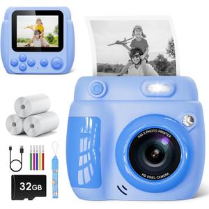 Kids Camera Instant Print - Christmas Birthday Gifts for Girls Boys Age 3-12, 1080P Video Digital Camera with 3 Rolls Printing Paper, Toddler Travel Toy Camera for 4 5 6 7 8 9 10 11 Year Old - Blue