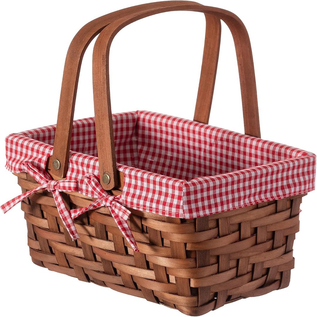 Wickerwise Small Rectangular Woodchip Picnic Baskets with Double Folding Handles, Natural Hand-Woven Basket Lined with Gingham Red and White Lining Great for Gifts
