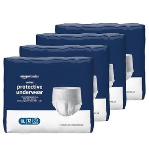 Amazon Basics Unisex Protective Underwear, Overnight Absorbency with Odor Protection, Soft, Extra Large, 48 Count (3 Packs of 12)