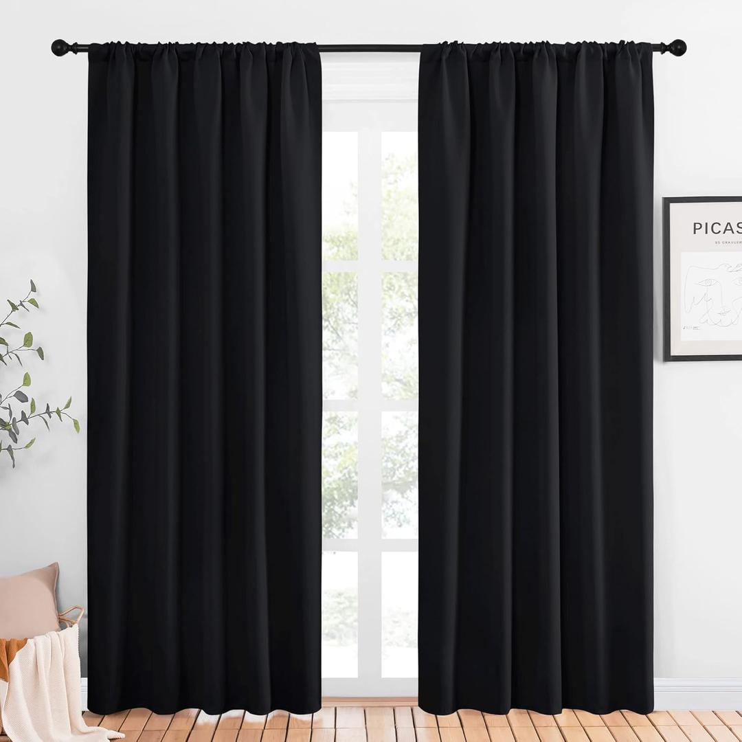 NICETOWN Blackout Curtain Panels for Living Room, Black, 2 Panels, W52 inches x L84 inches, Energy Efficient & Noise Reducing Thermal Insulated Rod Pocket Blackout Drapes/ Draperies for Window