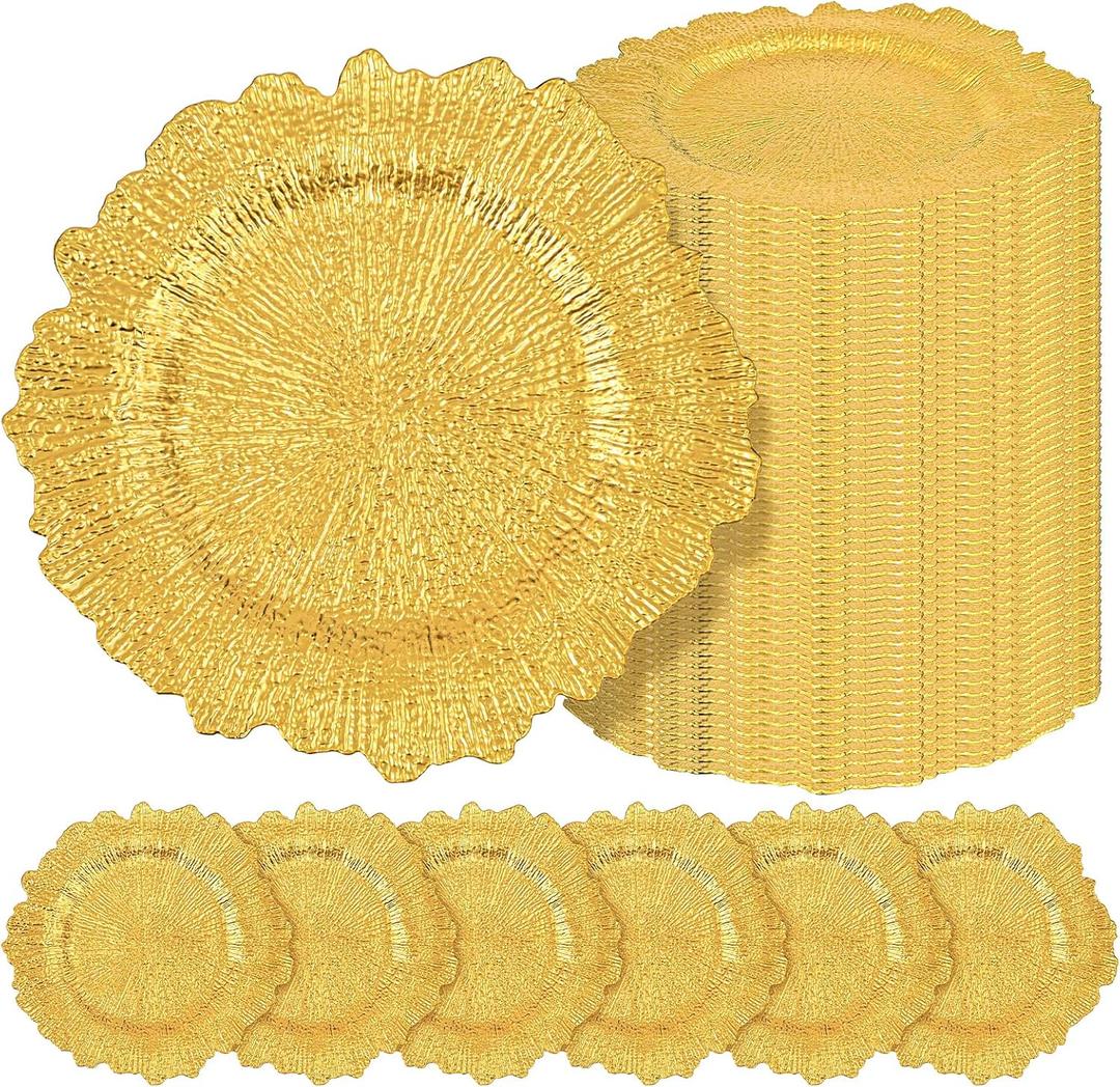 Teruntrue 50 Pcs Gold Charger Plates Bulk 13 Inch Plastic Charger Plates for Dinner Plate, Gold Chargers for Table Setting, Reef Design Plate Floral Decorative Round Chargers for Wedding Party, Event