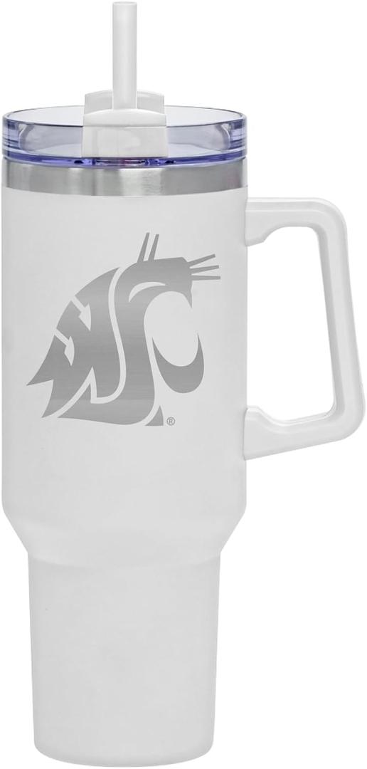 INDIGO FALLS Officially Licensed 40oz Laser Etch Rocky Tumbler with Handle (Logo, Washington State Cougars)