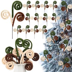 12 Pcs Curly Christmas Tree Picks Velvet Curl Decoration Spiral Curly Tree Topper Ornaments DIY Crafts for Wreath Fireplaces Vase Filler Holiday Ornament, 12 Inch (Milky White, Green, Brown)