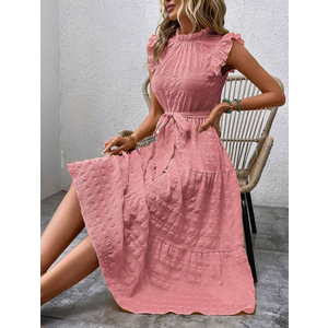 SHEIN LUNE Swiss Dot Ruffle Hem Belted Dress, SIZE M