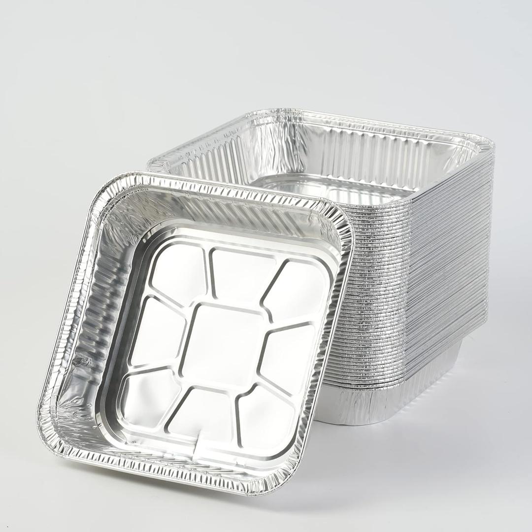 Disposable Aluminum Foil Pans, 50 PCS Multipurpose Square Trays, 8x8 Air Fryer Liners, Safe Food Contact Grade Material & High Temperature Resistant for Oven/Air Fryer/Barbecue/Gas Stoves