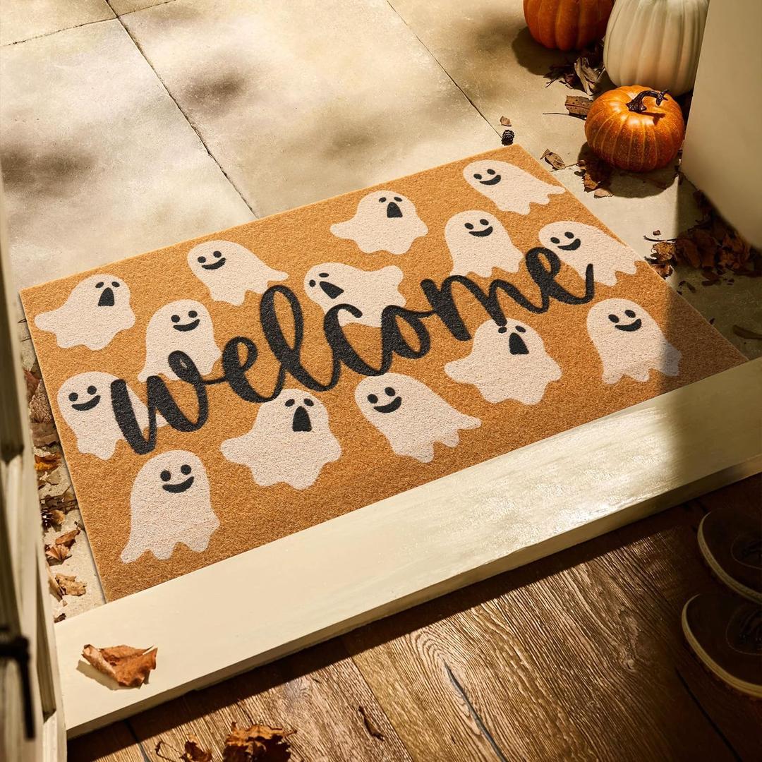 Halloween Door Mat Spooky Ghost Welcome Mat for Front Door Outdoor Entrance Doormat Coir Dirt Trapper with Non Slip Backing, 17x30, Welcome Ghost