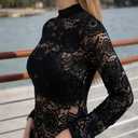 METWAY Women's Lace Long Sleeve Top Sheer Mesh Undershirt Blouse Sexy Floral See Through V Neck Lace Layering Tee Shirt (Medium, Crew Black)