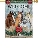 Selmad Welcome Winter Horse Decorative House Flag, Fence Holly Red Berry Bow Snowy Forest Home Yard Garden Outdoor Decor, Christmas Snowflake Farmhouse Large Outside Decoration Double Sided 28 x 40