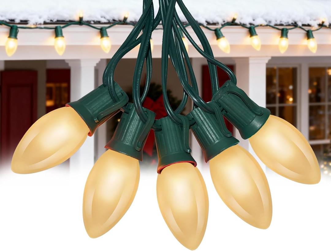 25 FT C9 Frosted Christmas Lights,Warm White Outdoor Light with 26 Bulbs(1 Spare), C9/ E17 Base,Old Fashioned Christmas Lights for Roofline, Yard, Garden, Wedding Decorations