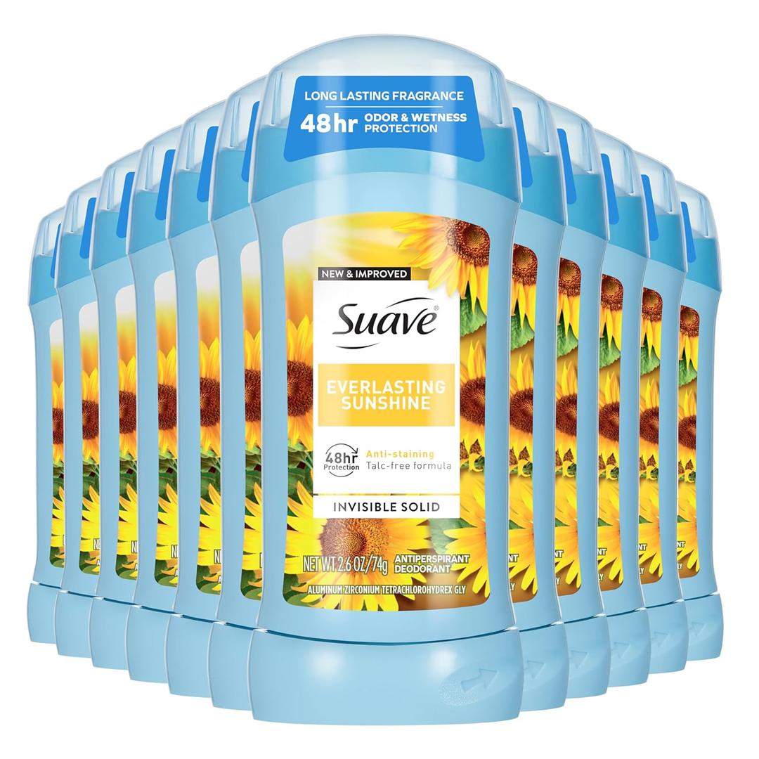 Suave Antiperspirant Deodorant For Women, Invisible Underarm Deodorant, 48hr Odor & Wetness Protection, Everlasting Sunshine, Sensitive Skin Deodorant Solid Stick, 2.6 oz (12 Bulk Pack)