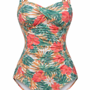 Itzel Women's Ruched Twist Front One Piece Swimsuit Tummy Control Push Up Vintage Retro Bathing Suits Red Flowers Green Leaf 12