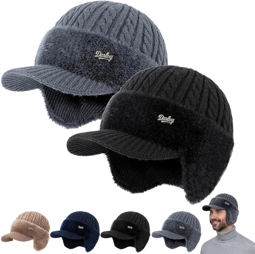 Cold Trapper Hat Ear Protection Knitted Hat Men’s Winter Hats with Brim and Ear Flaps Cozy Head Beanie Stocking Cap